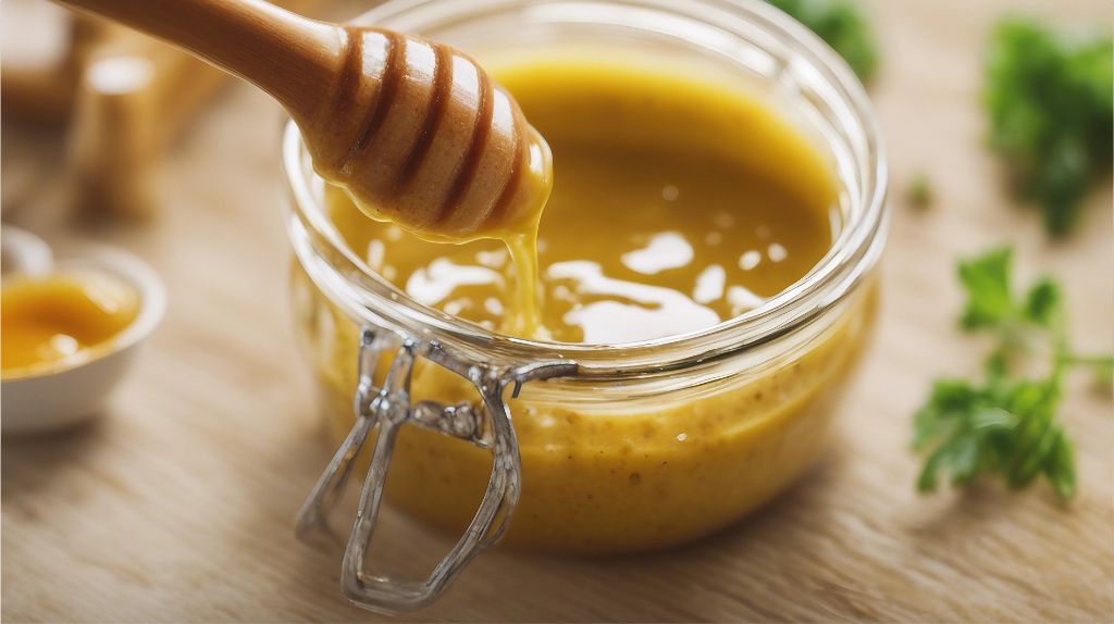 Sennepsvinaigrette i et glass med honnigskje som representerer oppskrift på lun salat med saktevoksende kylling, ovnsbakte grønnsaker og sennepsvinaigrette